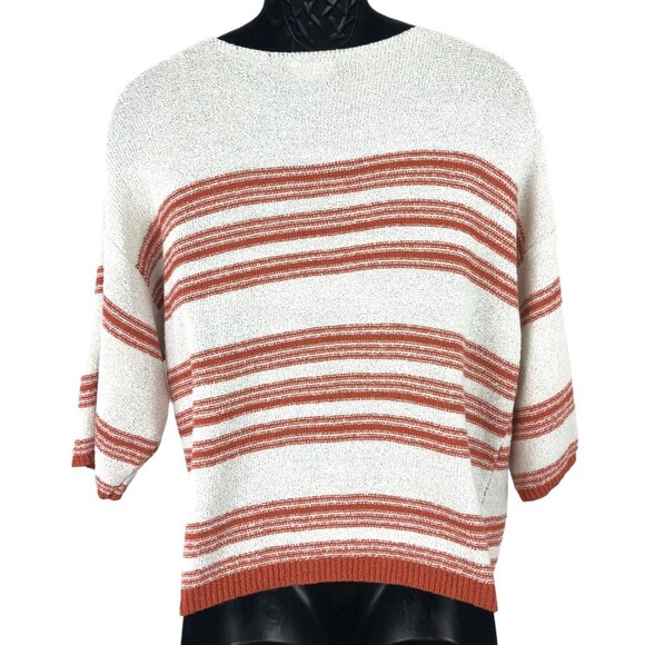ee:some Women's Size Large Orange/Ivory Striped 3/4 Sleeve Sweater - Picture 2 of 8